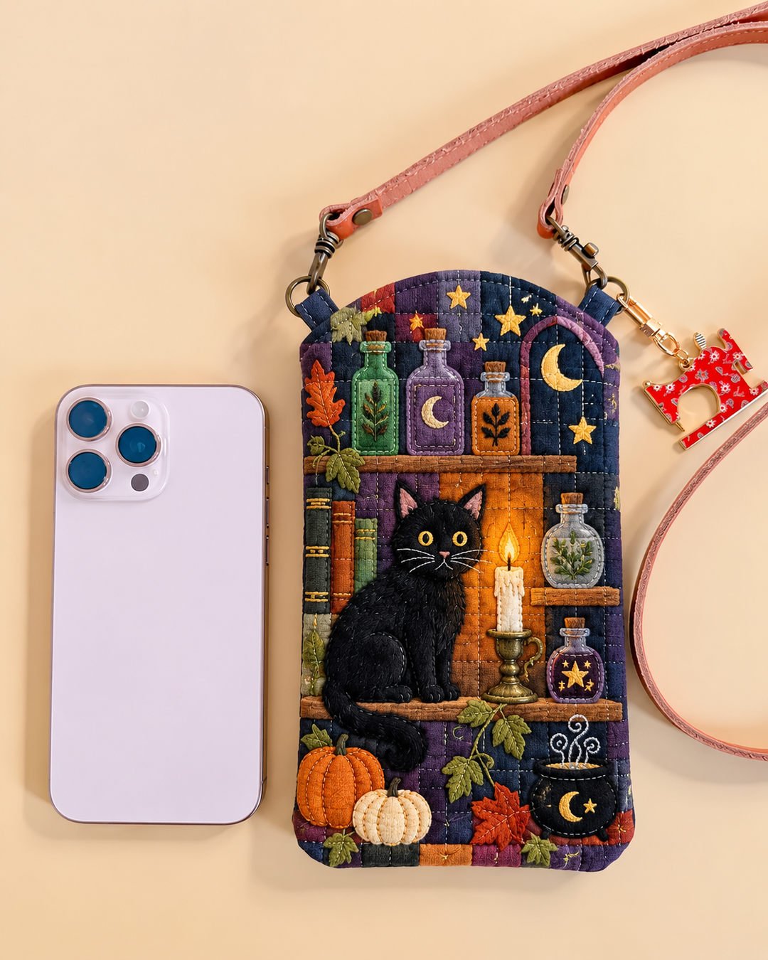 Black Cat Witchy Library | Quilted Phone Crossbody Bag