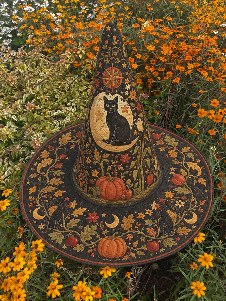 Black Cat Pumpkin Celestial | Quilted Witch Hat