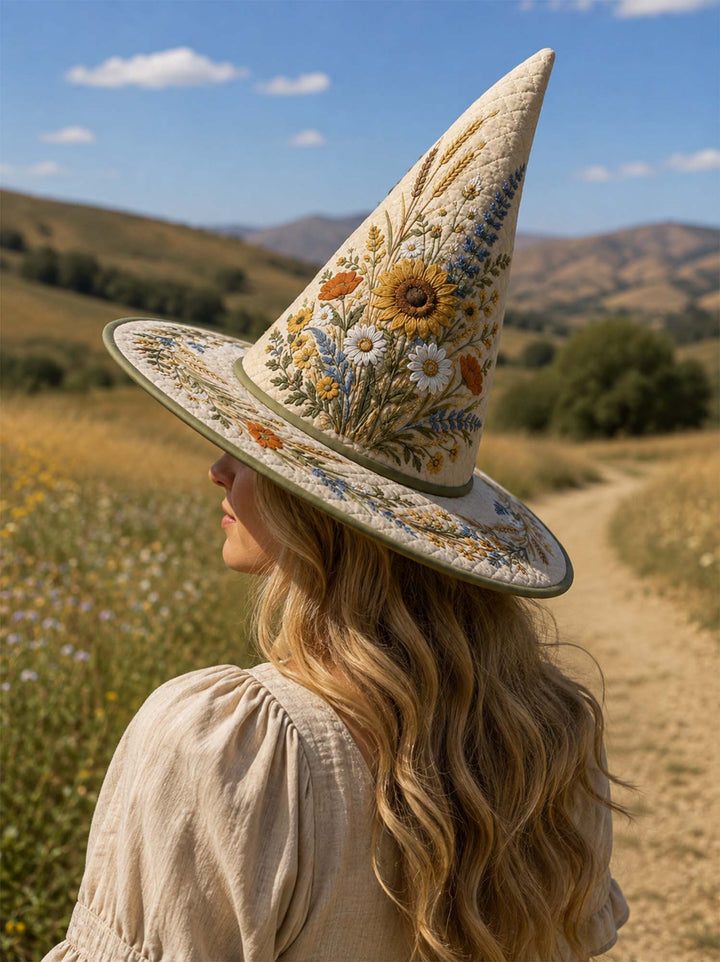 Wildflower Sunflower Embroidered | Quilted Witch Hat