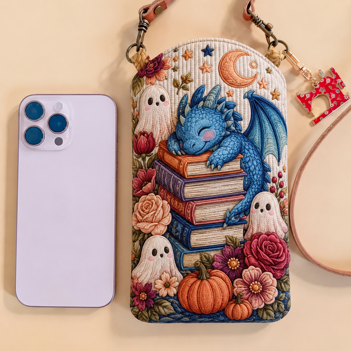 Sleepy Blue Dragon Book Stack | Quilted Phone Crossbody Bag