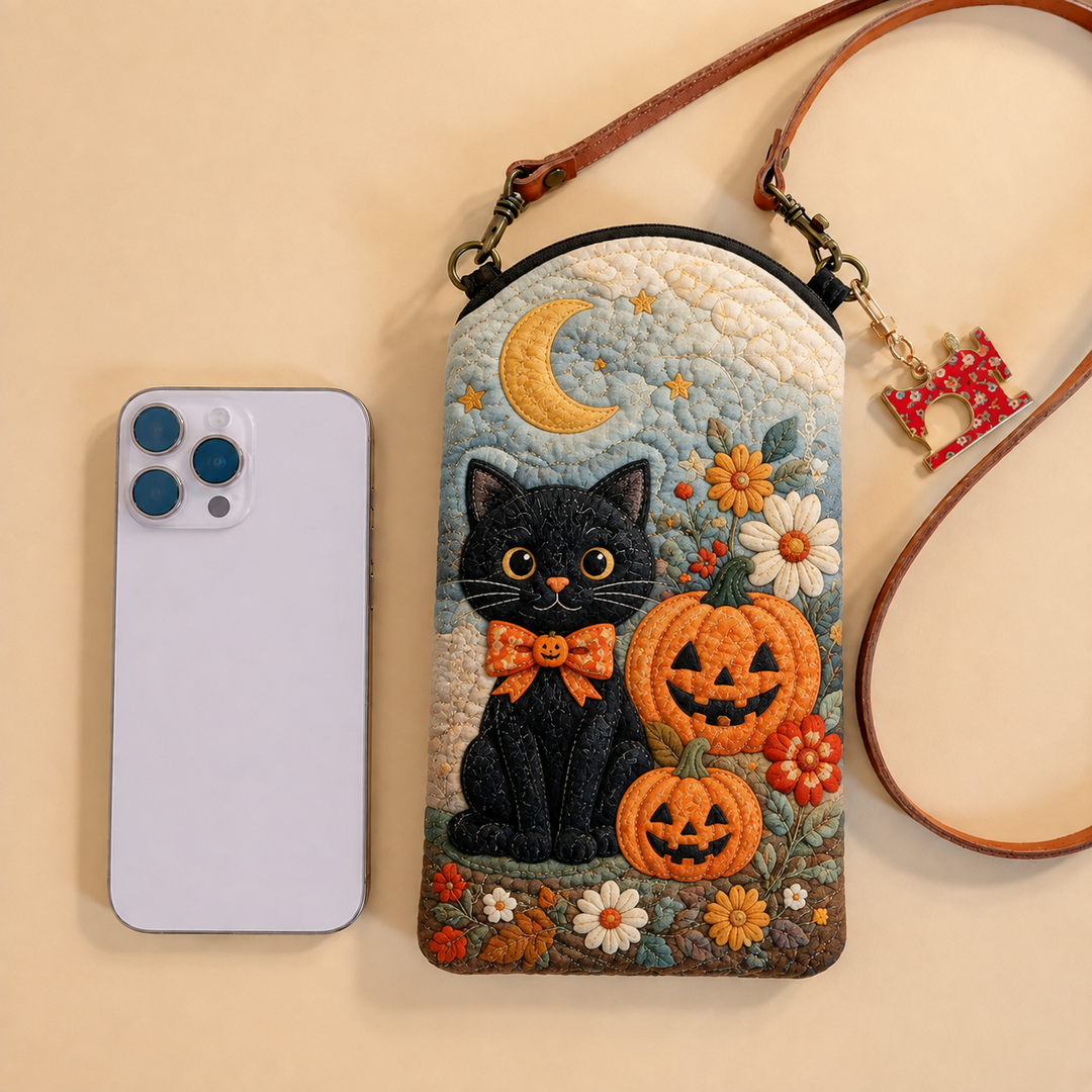 Black Cat Pumpkin Garden | Quilted Phone Crossbody Bag