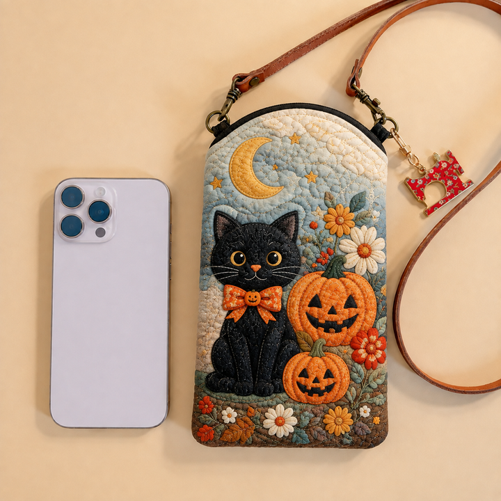 Black Cat Pumpkin Garden | Quilted Phone Crossbody Bag