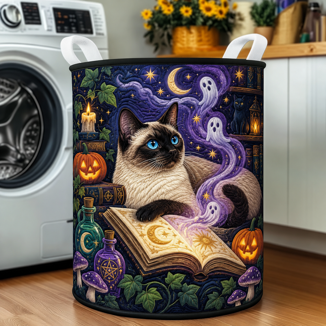 Siamese Cat Spellbook Magic | Quilted Laundry Basket