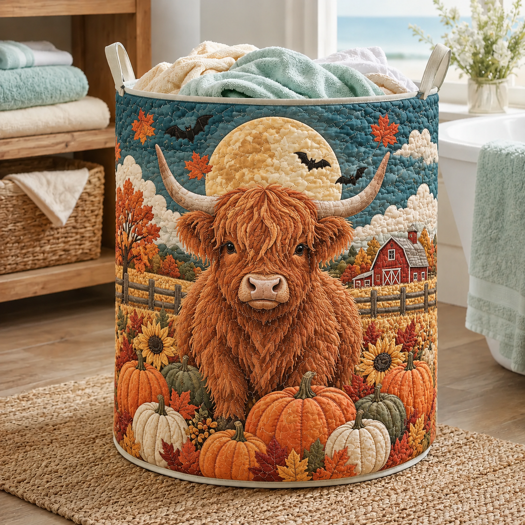 Highland Cow Autumn Moon | Quilted Laundry Basket