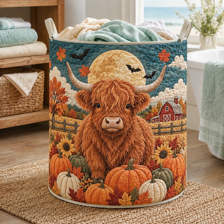 Highland Cow Autumn Moon | Quilted Laundry Basket
