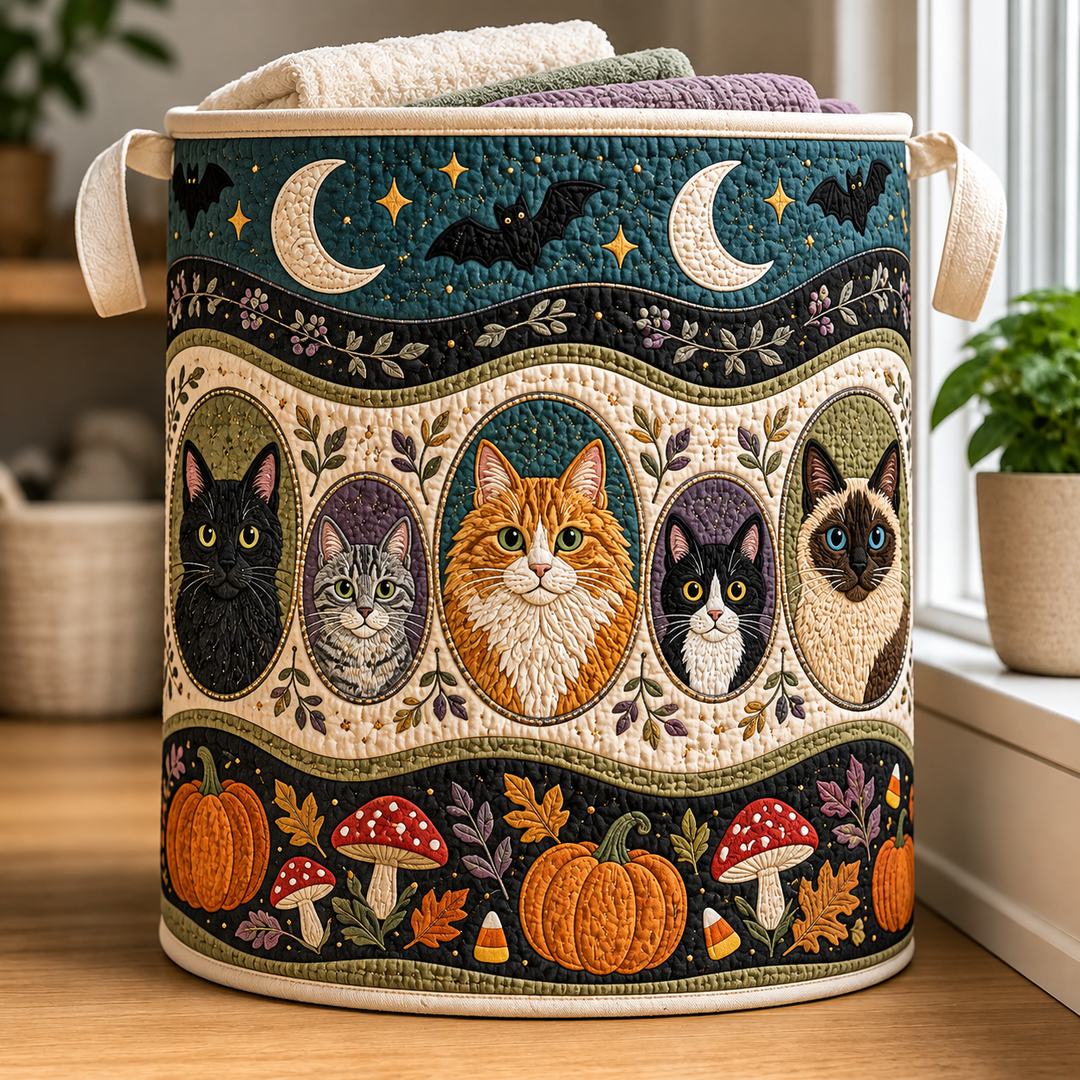 Moonlit Cat Portrait | Quilted Laundry Basket