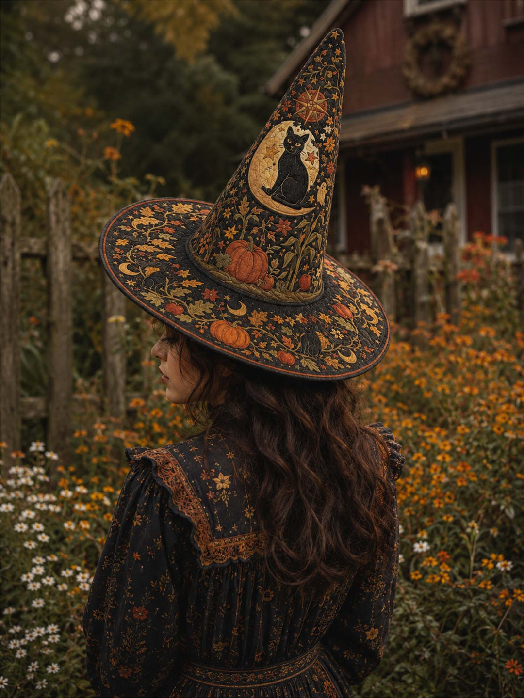 Black Cat Pumpkin Celestial | Quilted Witch Hat
