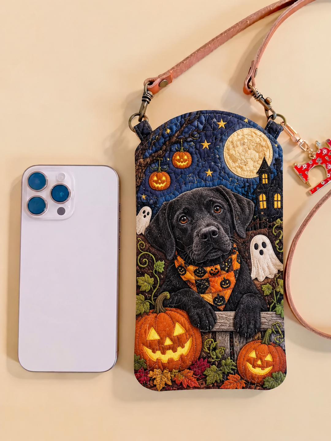 Black Labrador Spooky Pumpkin | Quilted Phone Crossbody Bag