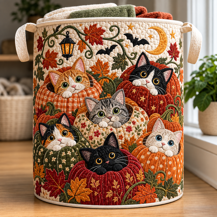 Autumn Pumpkin Cats | Quilted Laundry Basket
