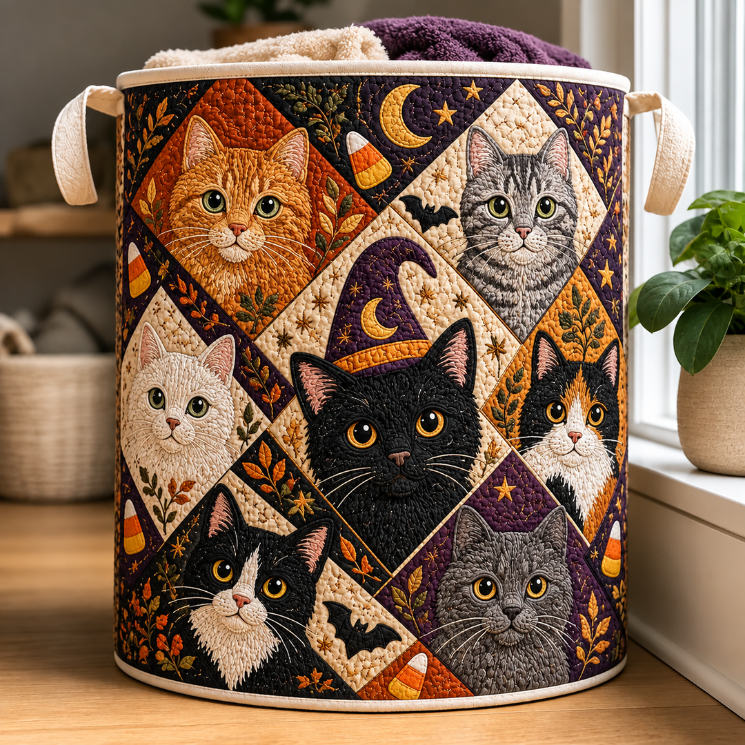 Spooky Cat Portrait Collage | Quilted Laundry Basket