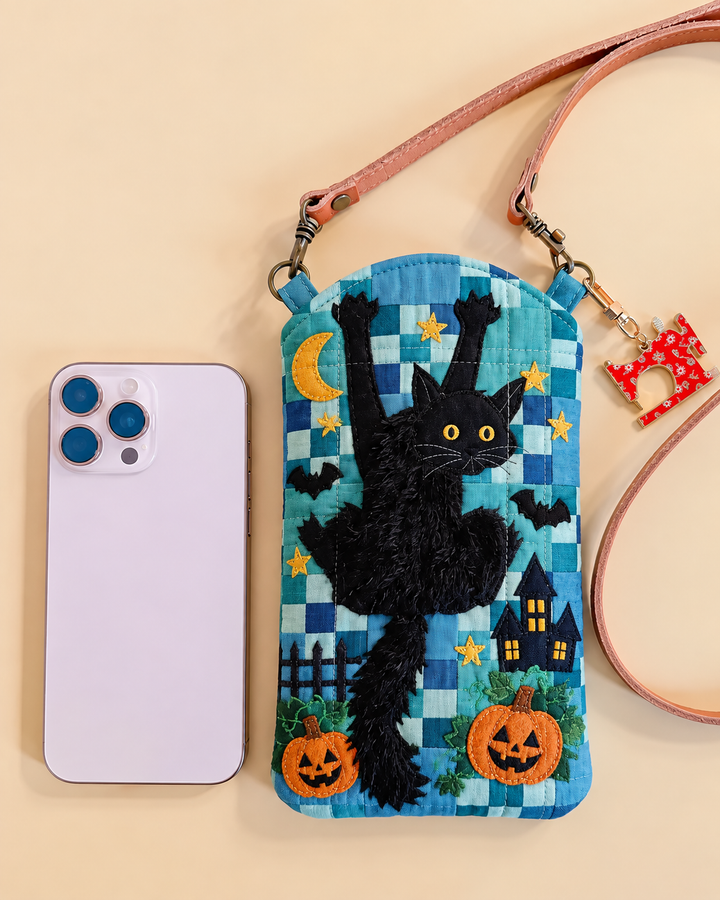 Blue Patchwork Black Cat | Quilted Phone Crossbody Bag