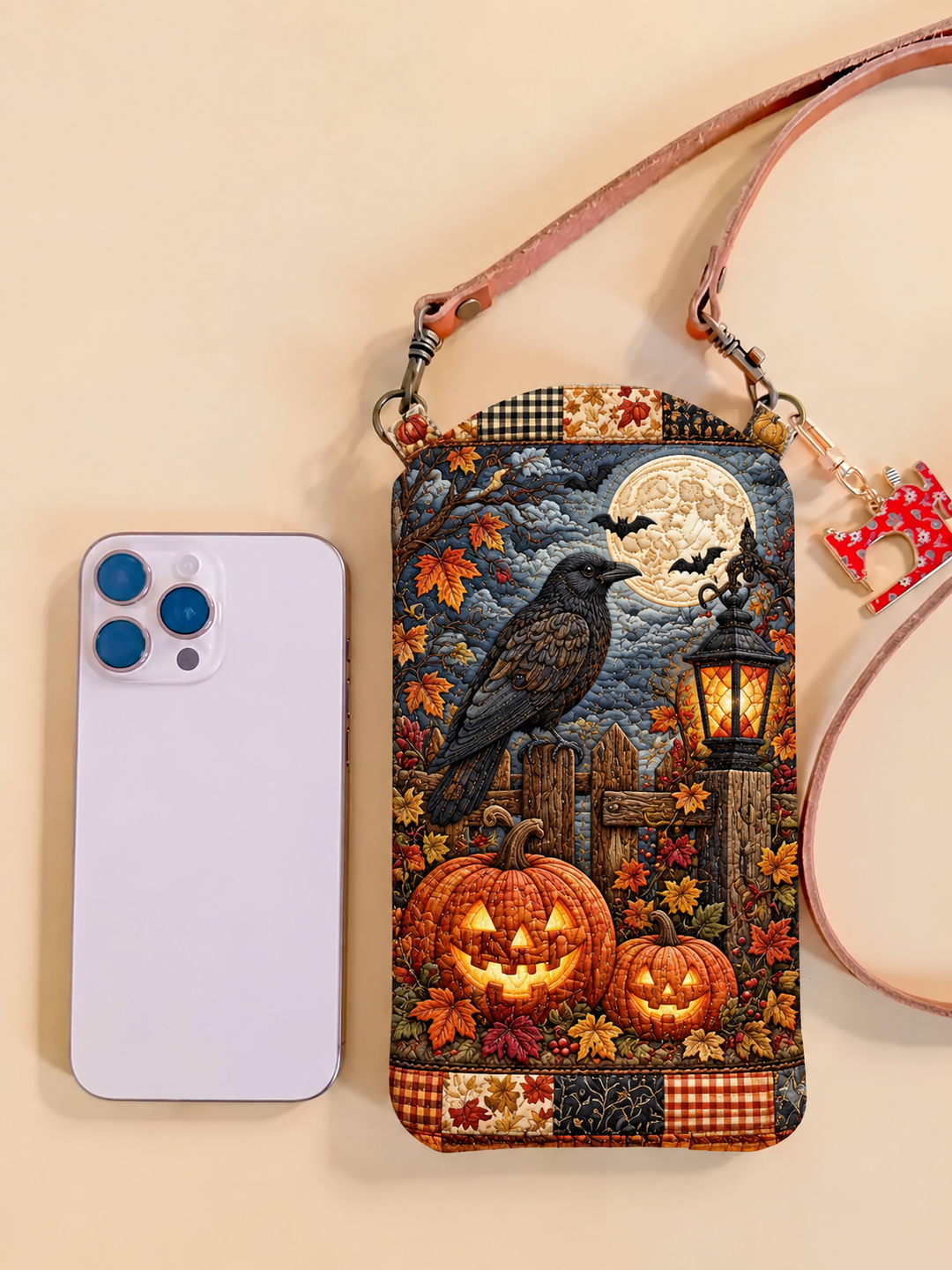 Moonlit Raven Pumpkin | Quilted Phone Crossbody Bag