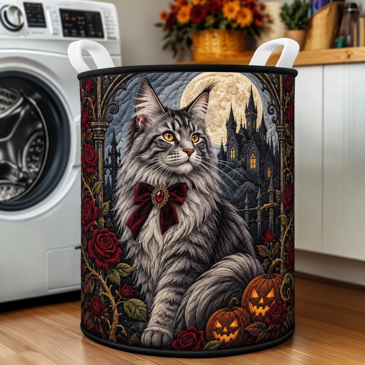Gothic Gray Cat Pumpkin | Quilted Laundry Basket