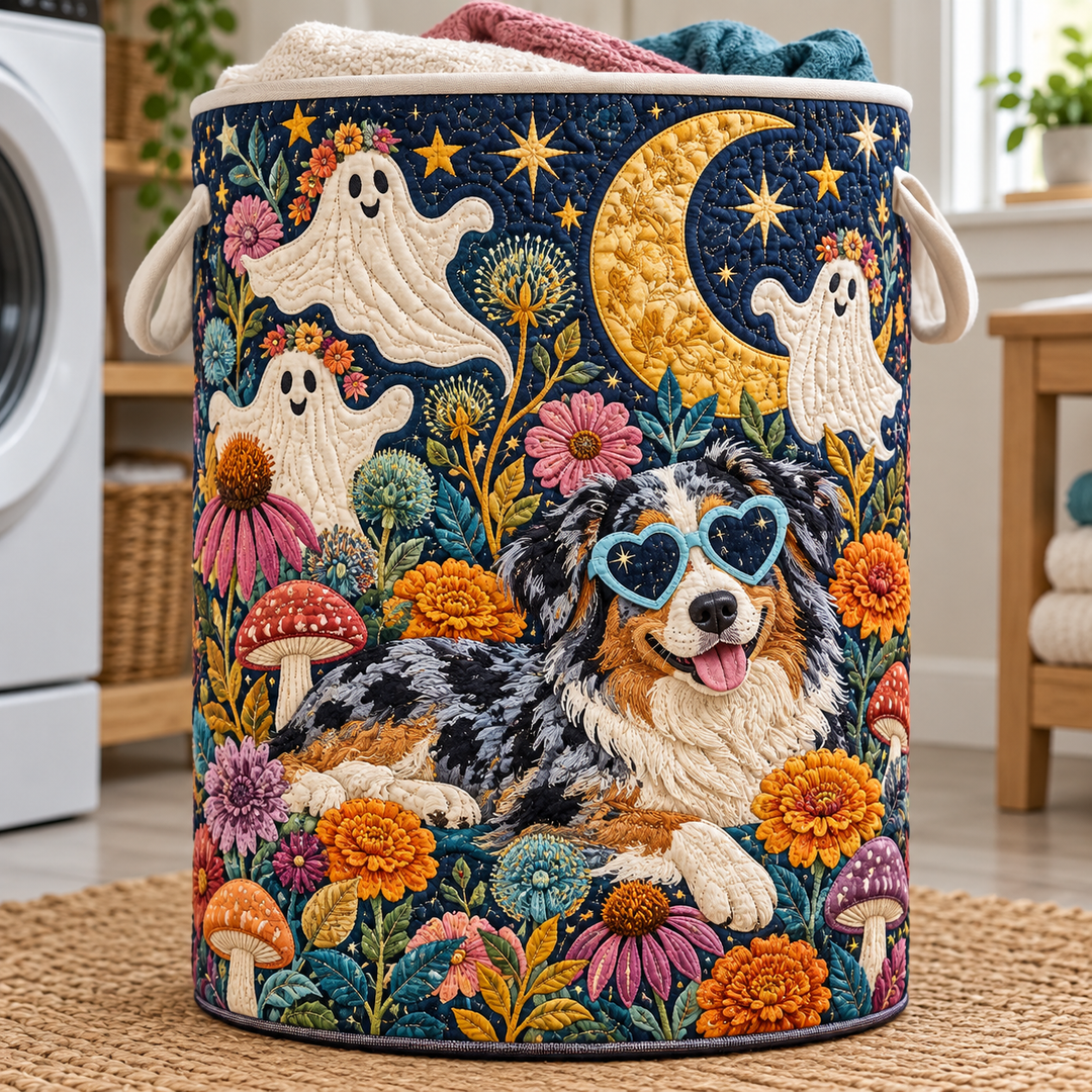 Moonlit Border Collie Ghost Garden | Quilted Laundry Basket