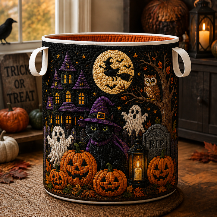 Owl Ghost Cat | Quilted Laundry Basket