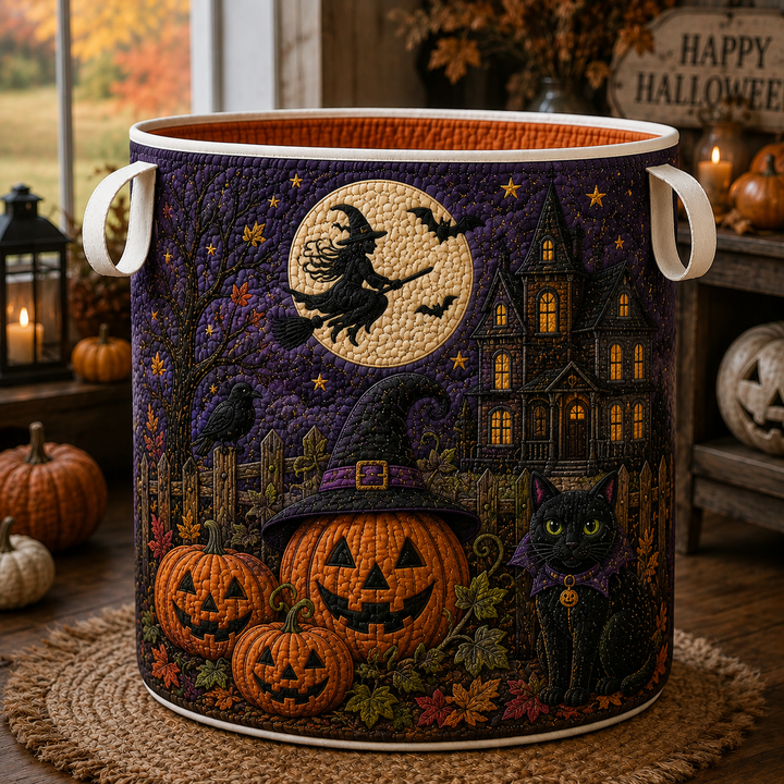 Witch Pumpkin Black Cat | Quilted Laundry Basket