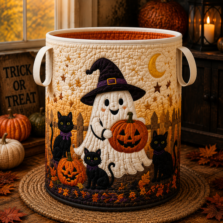 Witch Ghost Black Cat | Quilted Laundry Basket