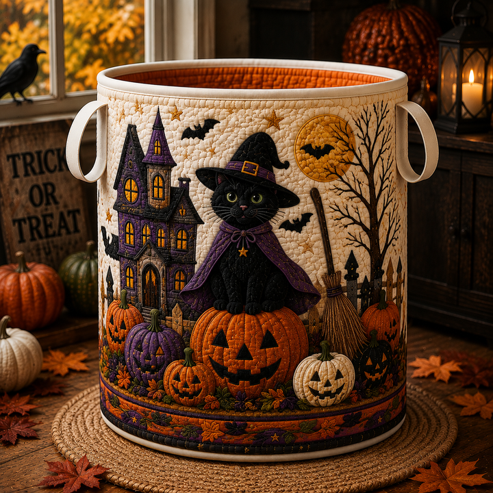 Witch Cat Haunted House | Quilted Laundry Basket