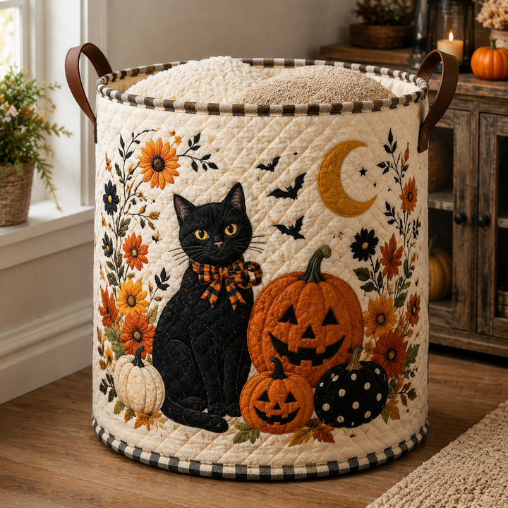 Fall Black Cat Pumpkin | Quilted Laundry Basket