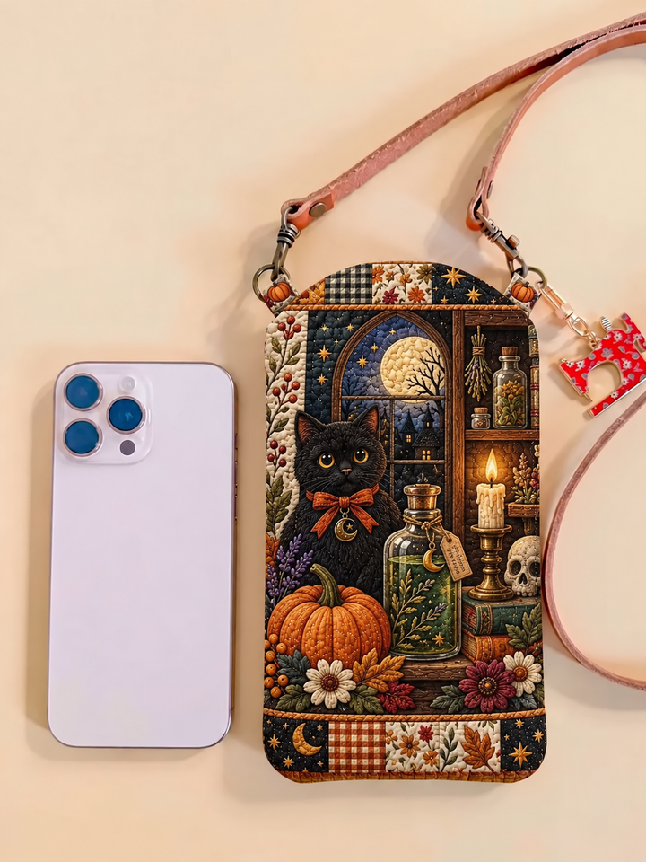Black Cat Moonlit Patchwork | Quilted Phone Crossbody Bag