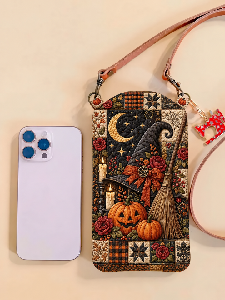 Witch Broom Pumpkin Patch | Quilted Phone Crossbody Bag
