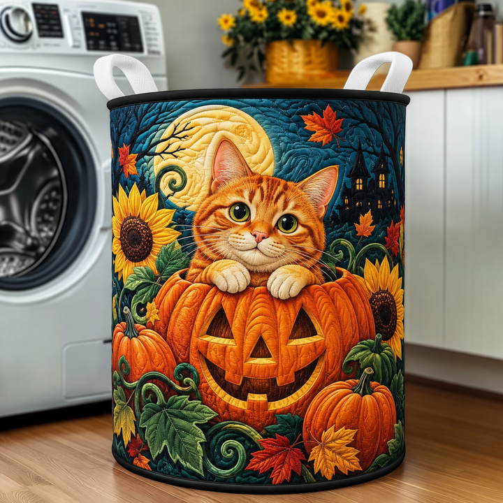 Orange Cat Pumpkin Sunflower | Quilted Laundry Basket