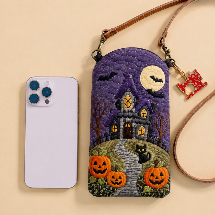 Haunted House Pumpkin Trail | Quilted Phone Crossbody Bag