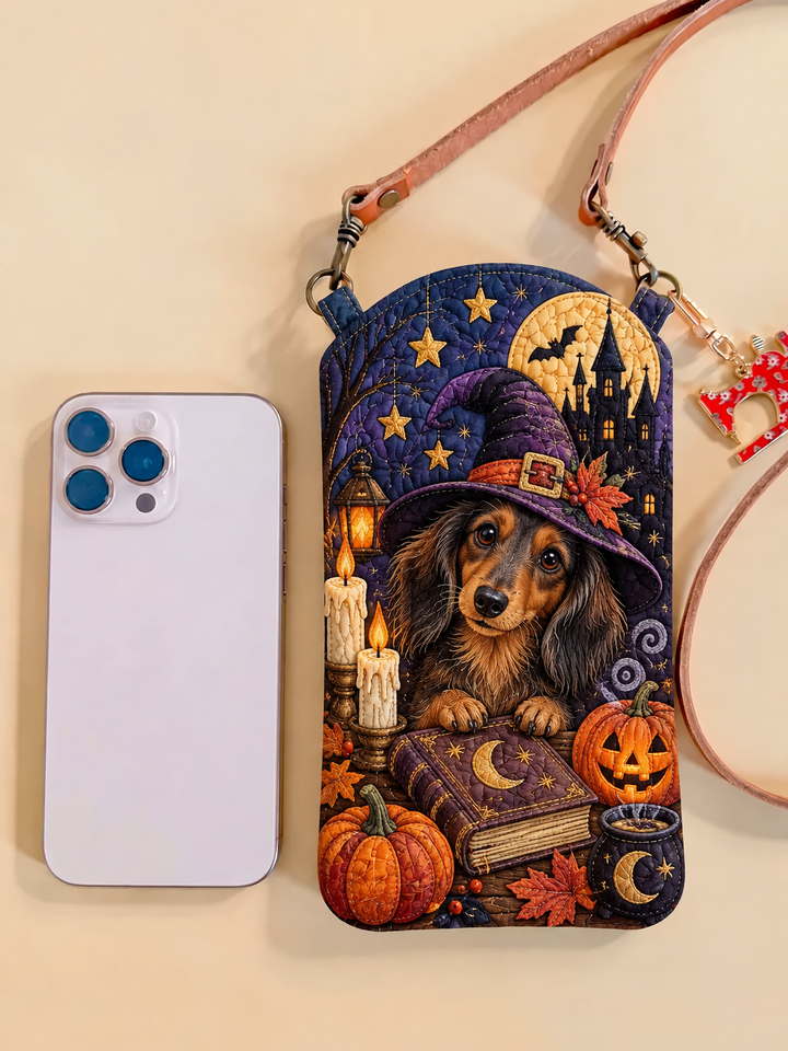 Witch Dachshund Pumpkin | Quilted Phone Crossbody Bag