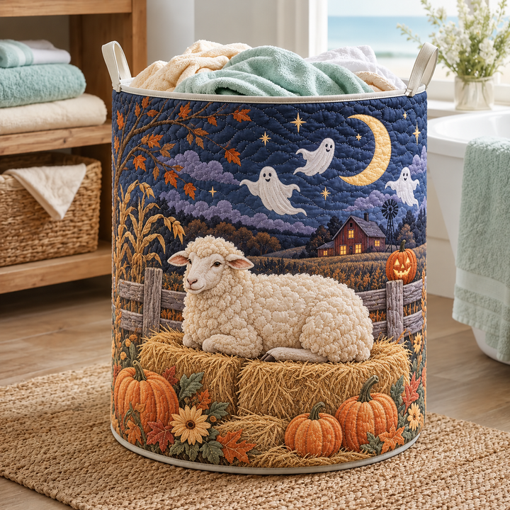 Ghostly Sheep Pumpkin Night | Quilted Laundry Basket