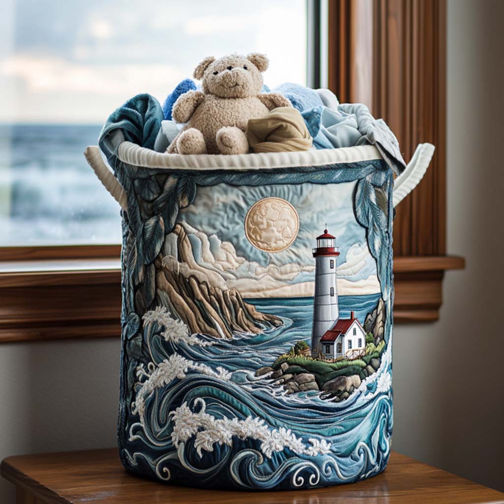 Moonlight Coastal Lighthouse | Quilted Laundry Basket