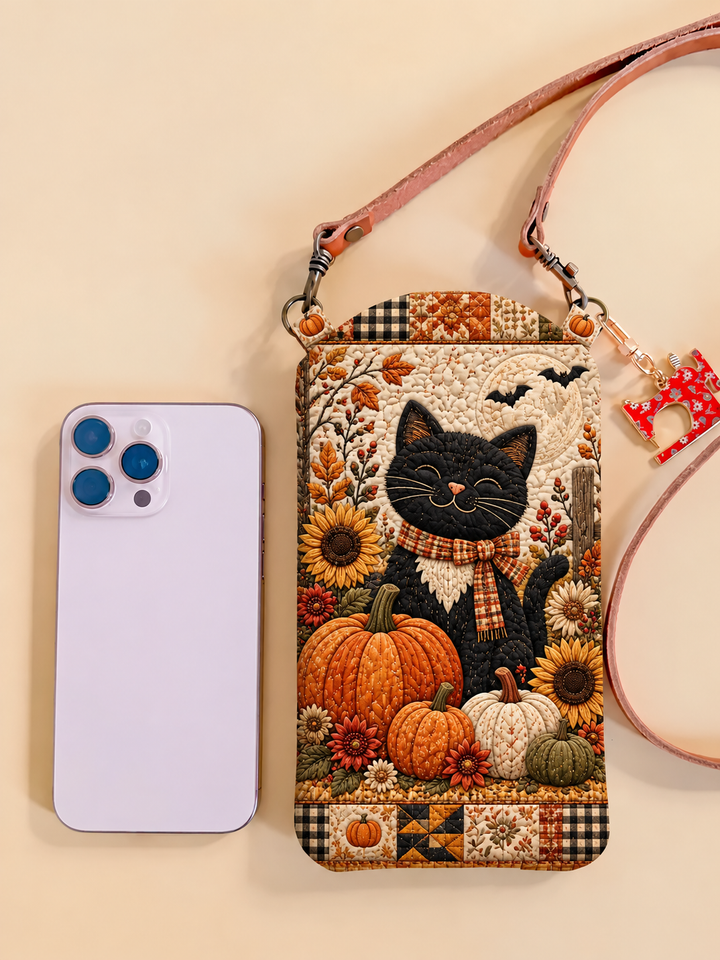 Black Cat Pumpkin Garden | Quilted Phone Crossbody Bag