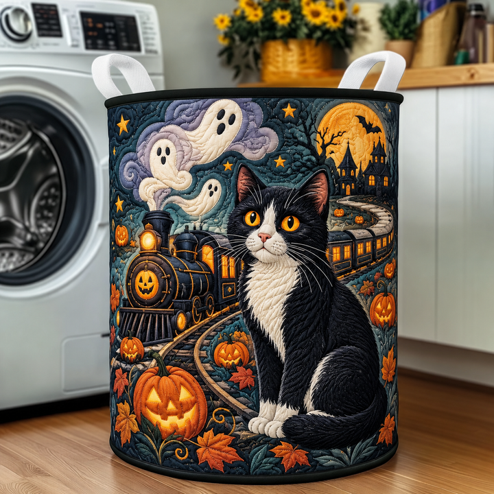 Black Cat Haunted Train | Quilted Laundry Basket