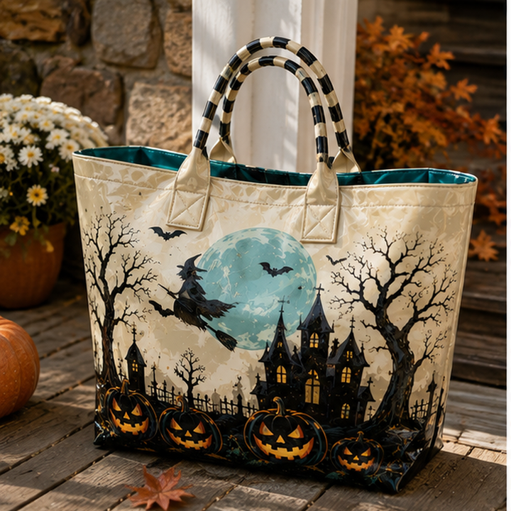 Witch Flying Moon Ghost House | PVC Tote Bag