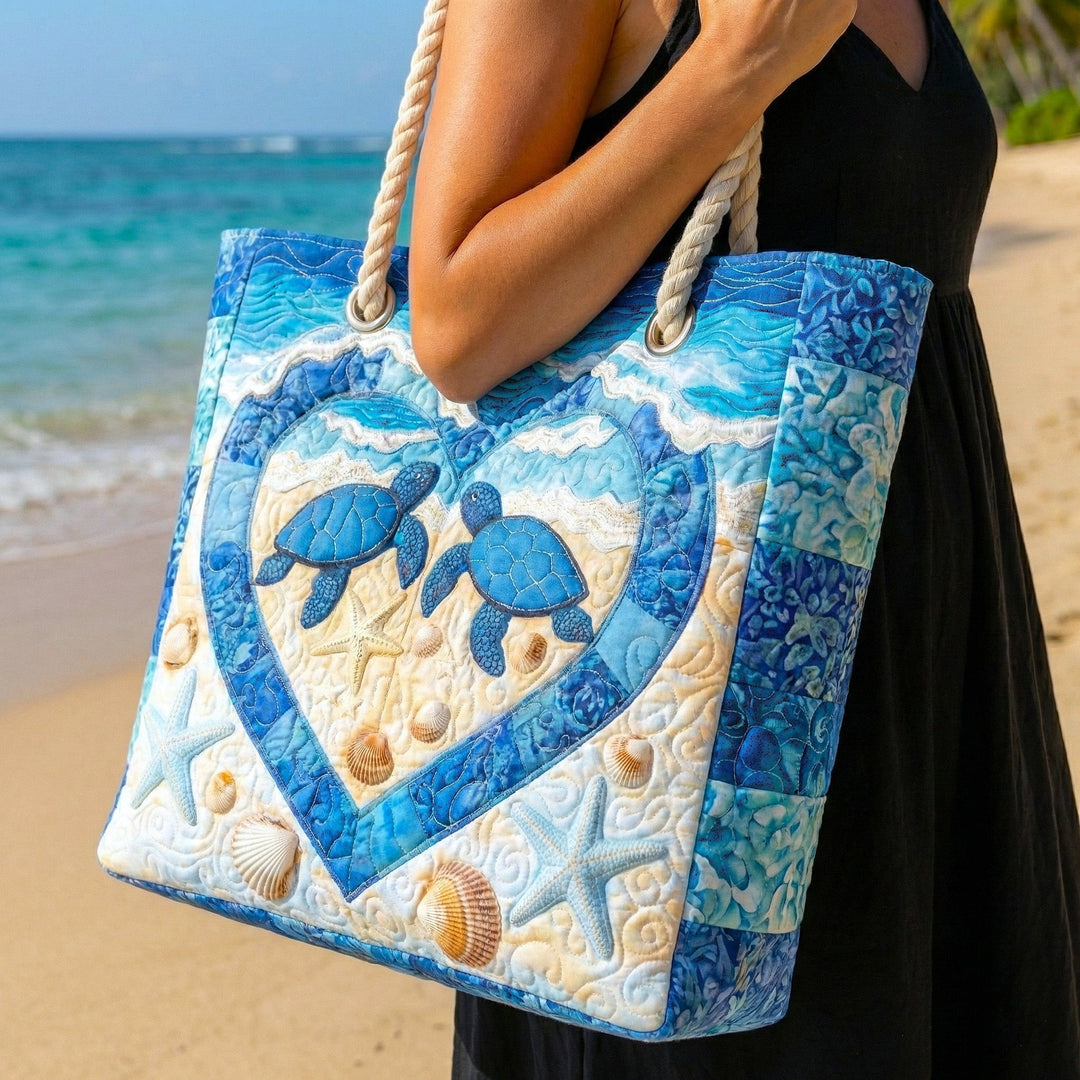 Turtle Serenity Quilted Beach Tote Bag
