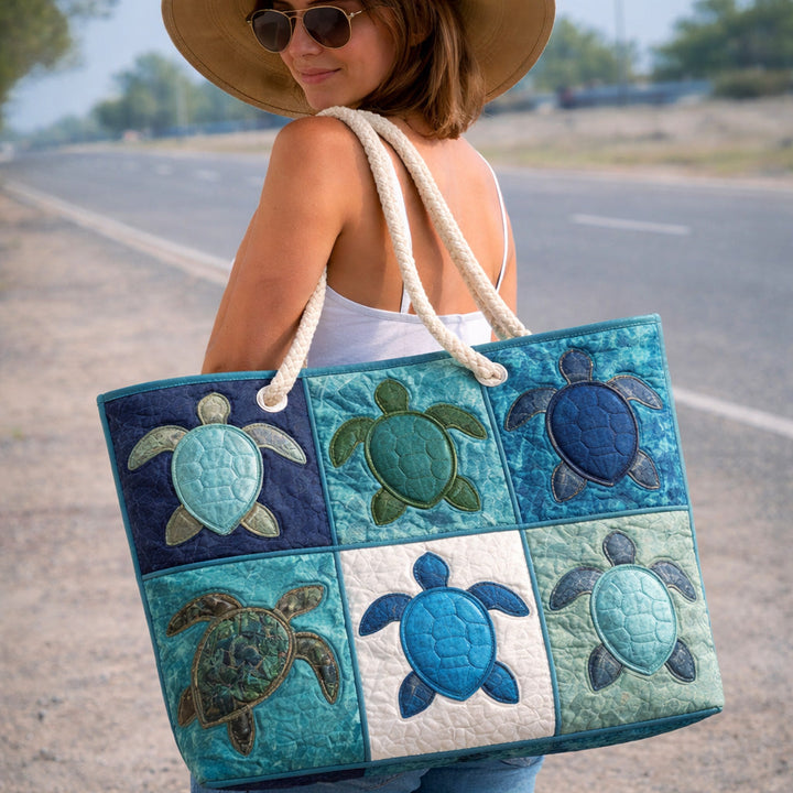 Blue Turtle Quilted Beach Tote Bag