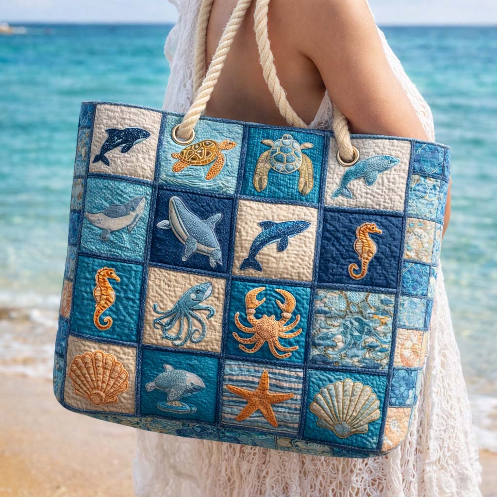 Marine Life Quilted Beach Tote Bag