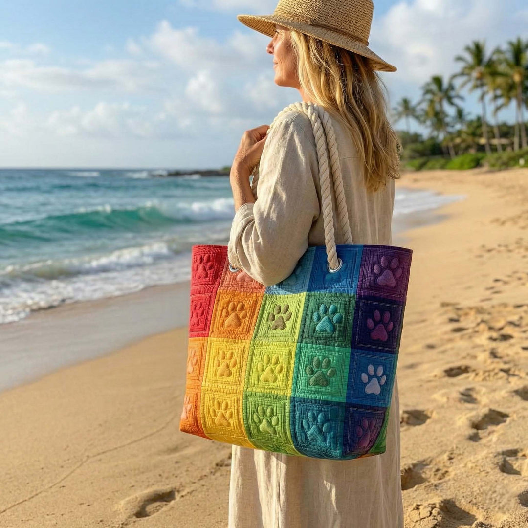 Paw Print Patchwork Quilted Beach Tote Bag