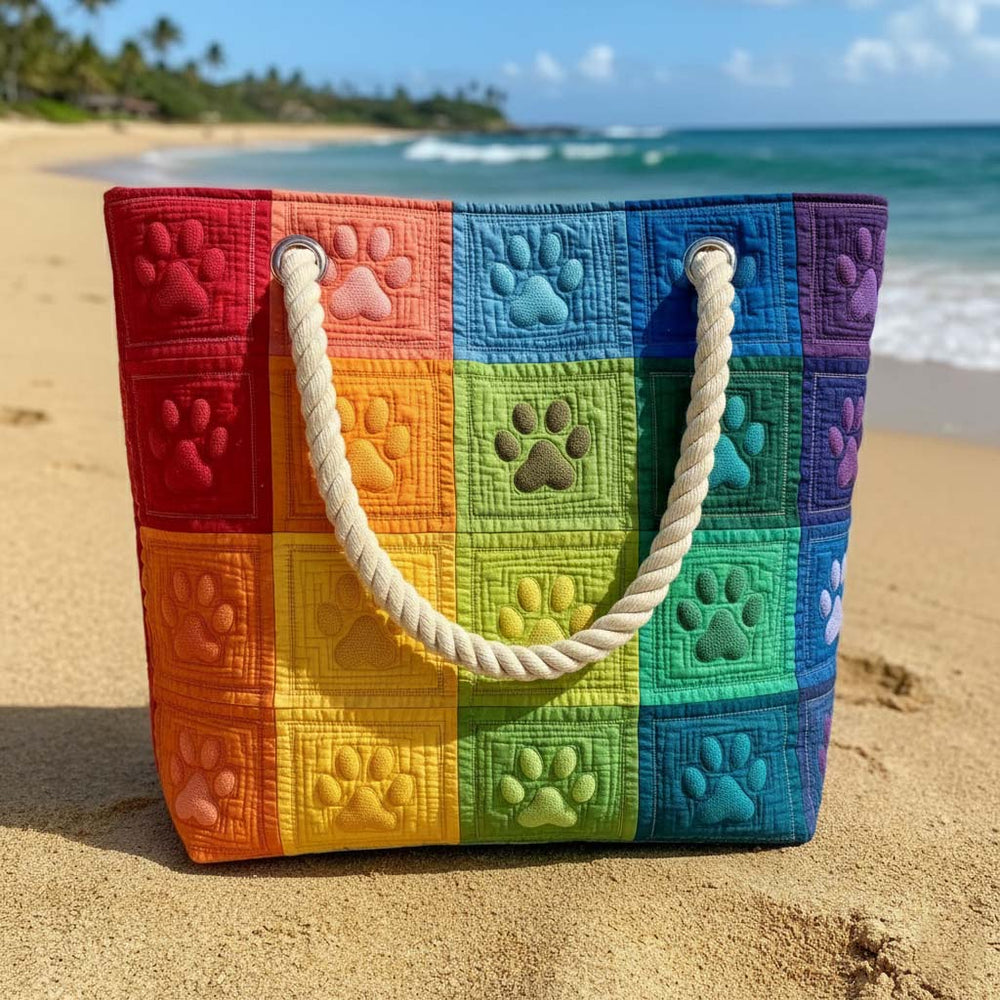 Paw Print Patchwork Quilted Beach Tote Bag