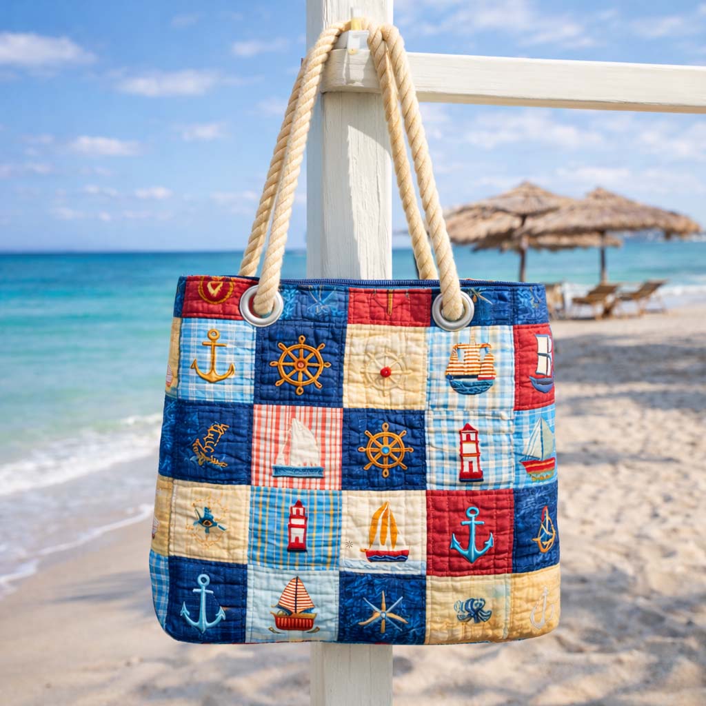 Nautical Patchwork Quilted Beach Tote Bag
