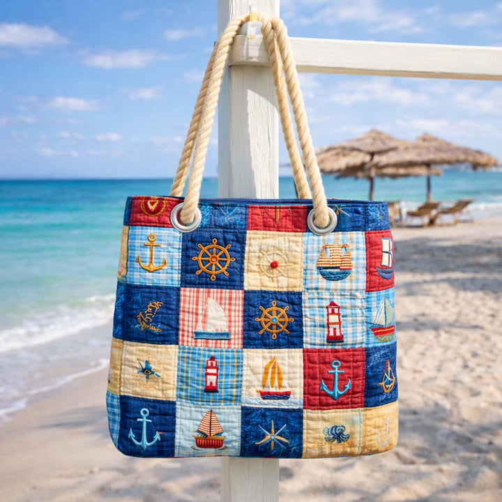 Nautical Patchwork Quilted Beach Tote Bag