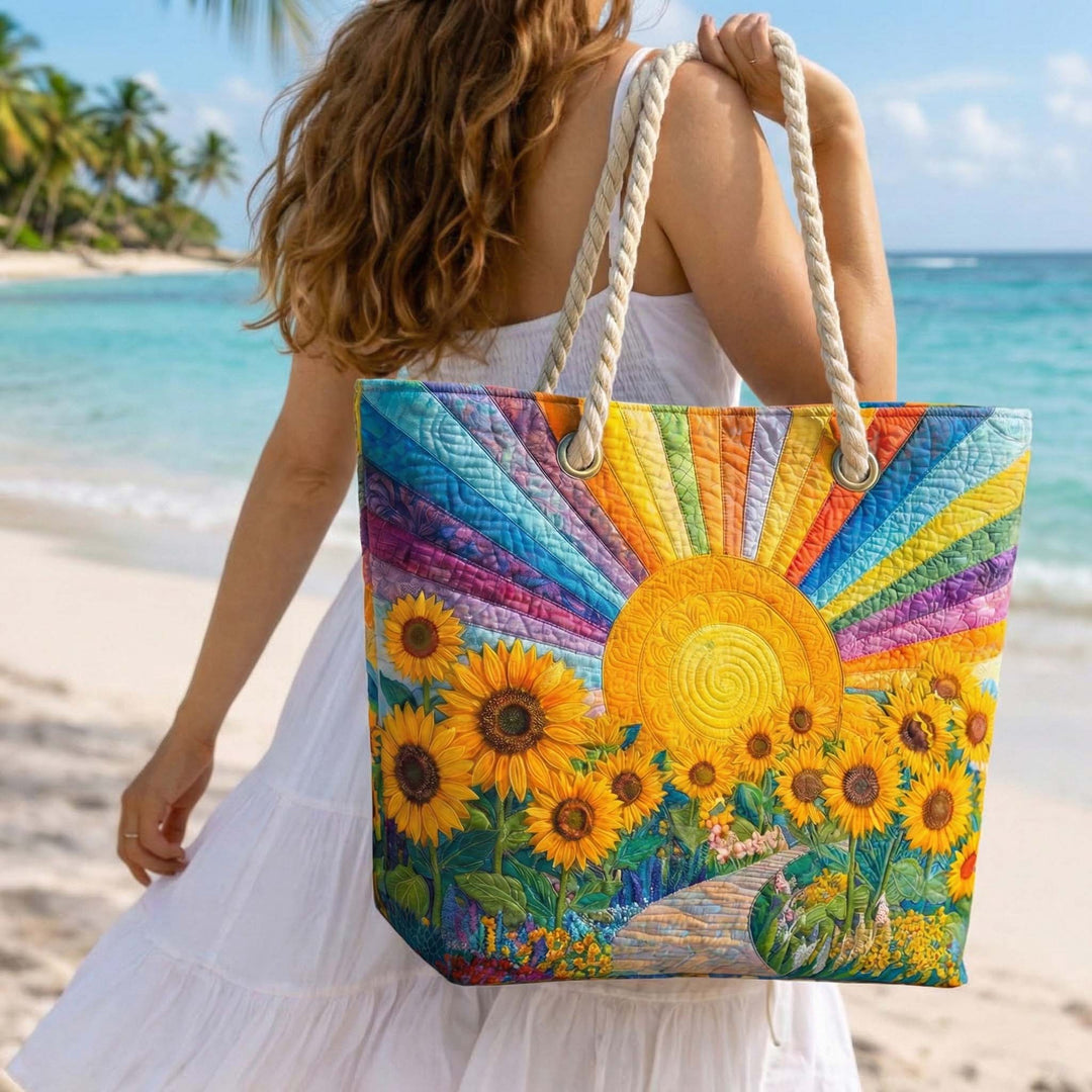Rainbow Sunshine Quilted Beach Tote Bag