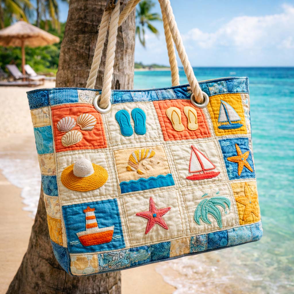 Coastal Patchwork Quilted Beach Tote Bag