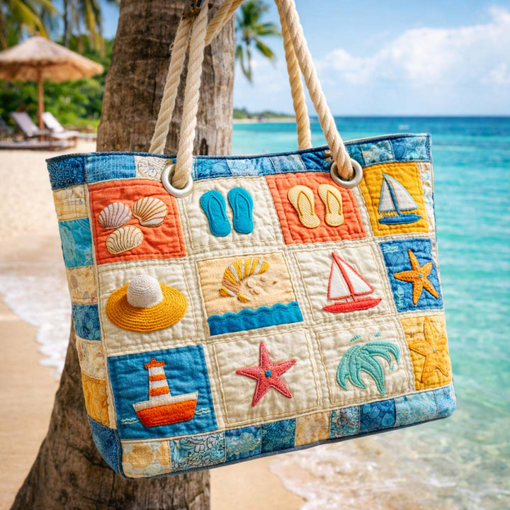 Coastal Patchwork Quilted Beach Tote Bag