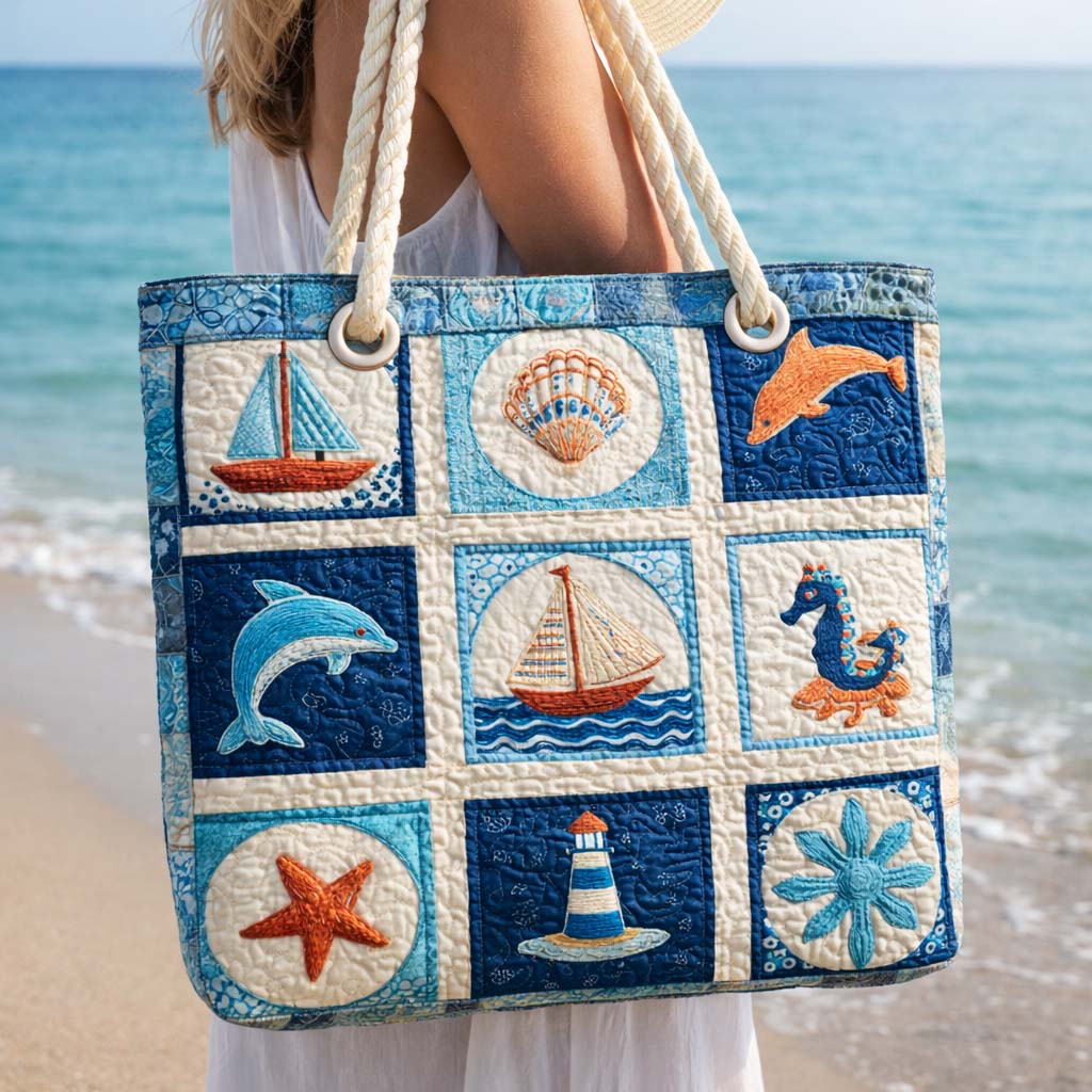 Ocean Life Quilted Beach Tote Bag