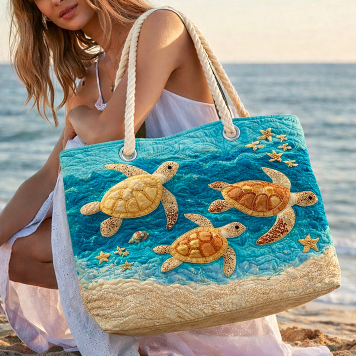 Golden Turtle Coast Quilted Beach Tote Bag