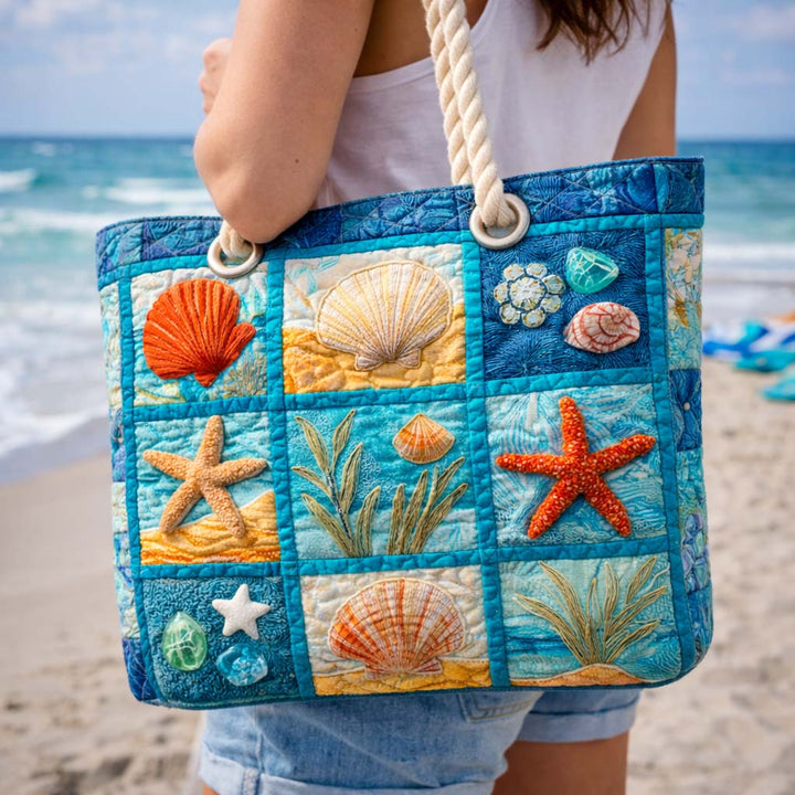 Coastal Seashells Quilted Beach Tote Bag