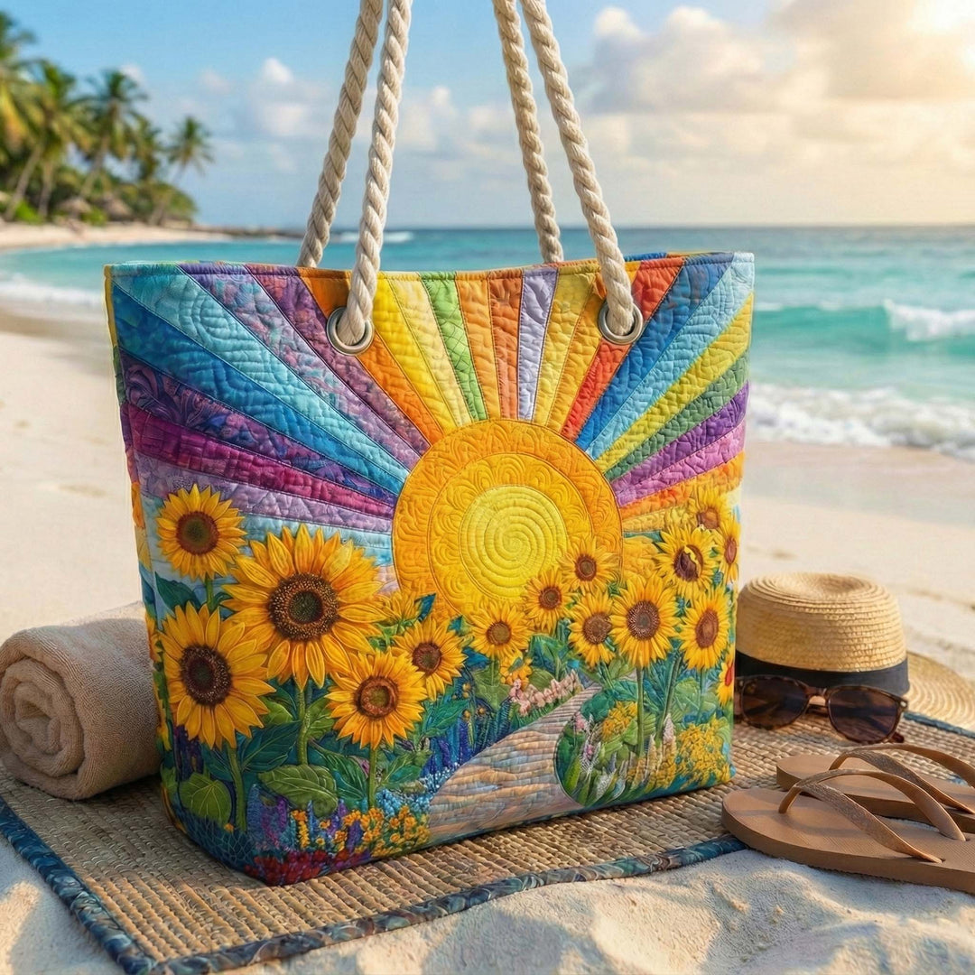 Rainbow Sunshine Quilted Beach Tote Bag