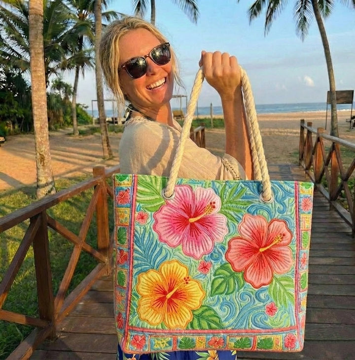 Tropical Flower Quilted Beach Tote Bag