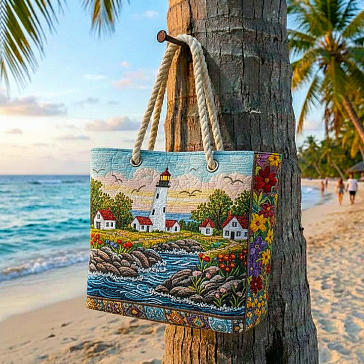 Lighthouse Glow Quilted Beach Tote Bag