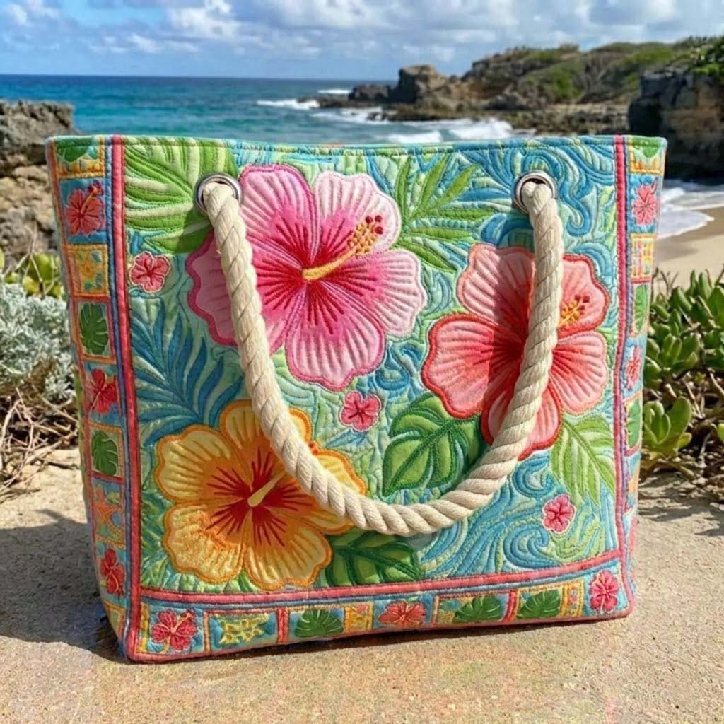 Tropical Flower Quilted Beach Tote Bag